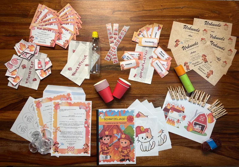 Feuerwehr-Set mit Einladungen, Urkunden, Notrufkarten und Spielmaterial